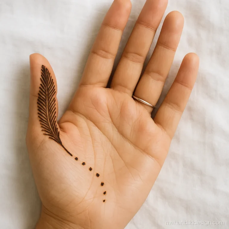 Beautiful mehndi design with a delicate feather along the thumb