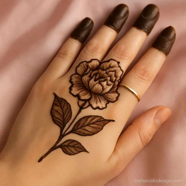 Beautiful mehandi design with a layered peony across the knuckles