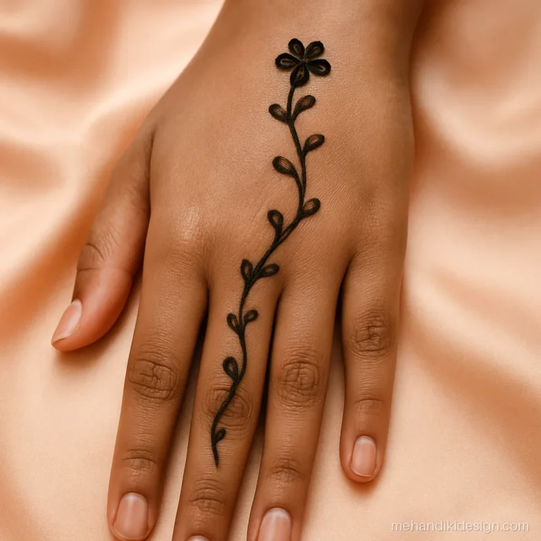 Beginner bel mehandi with heart shaped leaves on a curving stem