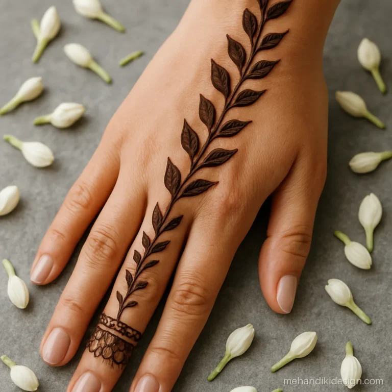 Bel mehandi design from index finger ending in a lace wrist band
