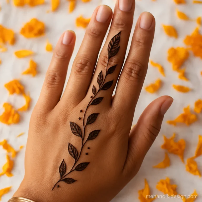Long leaf bel mehandi stencil trail running from finger to wrist on the palm side
