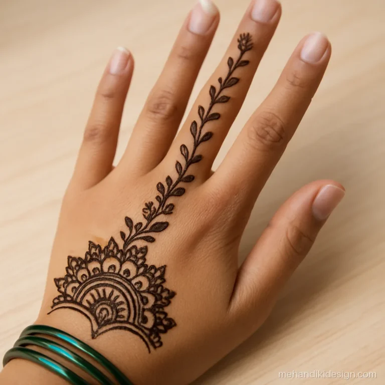 Bel wali mehandi front hand with a vine rising from a mandala base