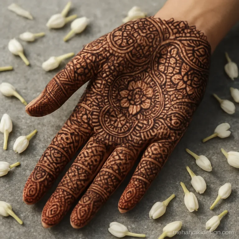 Bharma mehandi design on palm with dense filling and no empty space