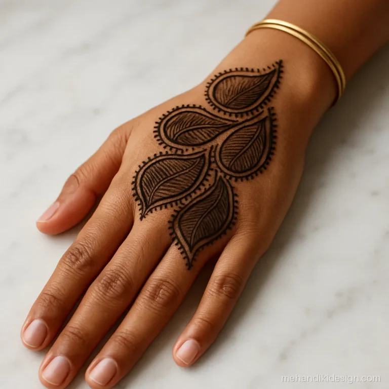 Bold arabic mehandi with a shaded paisley fan across the back hand