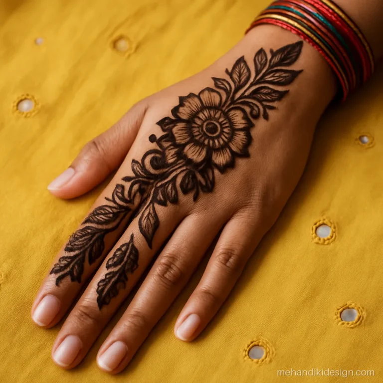 Bold Arabic style mehandi design for navratri with thick petals in a diagonal trail