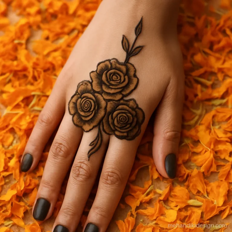 Bold shaded arabic mehandi with a rose cluster near the wrist and finger tips
