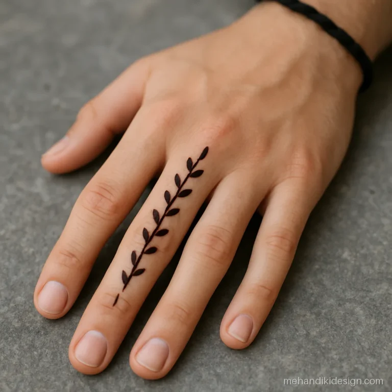 Boys mehandi design with a single leaf stem down the index finger