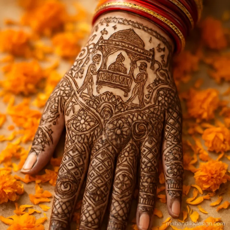 Bridal back side mehandi with a doli scene above the wrist