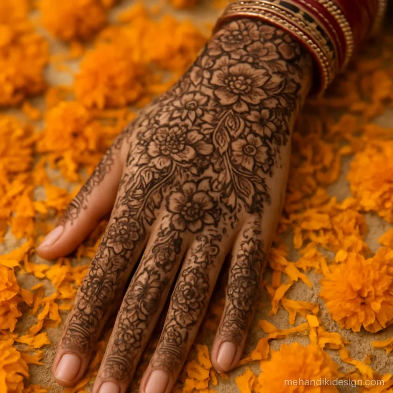 Bridal back hand mehandi with a hidden initial in the floral filling