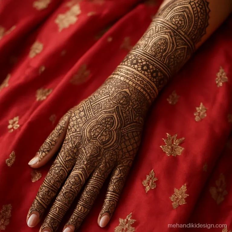 Bridal back hand mehandi design with jharokha arches up to the elbow