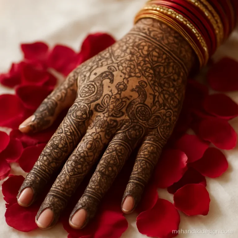 Bridal back hand mehandi design with a pair of facing peacocks
