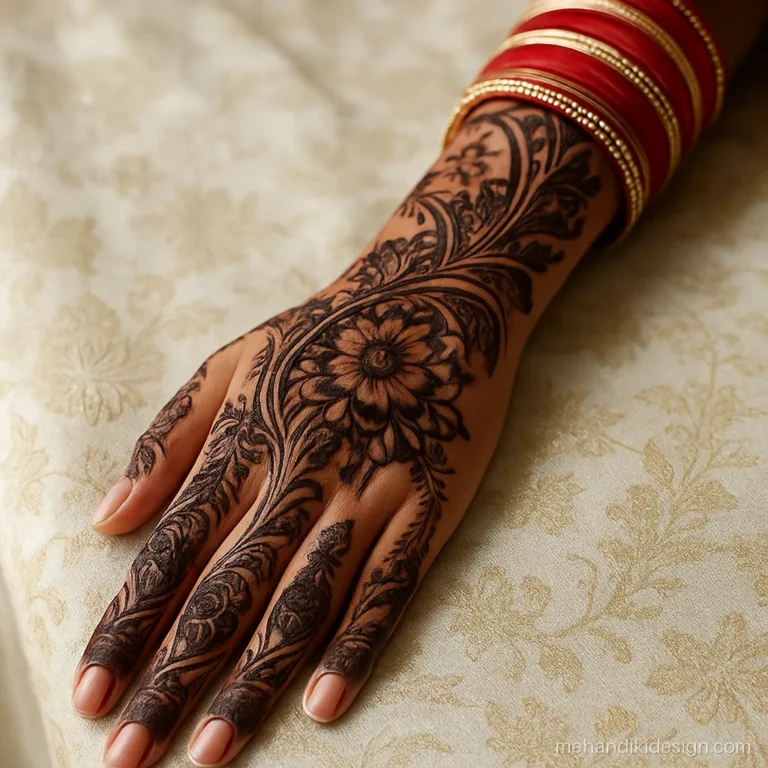 Arabic style bridal back hand mehandi with heavy shading to the elbow