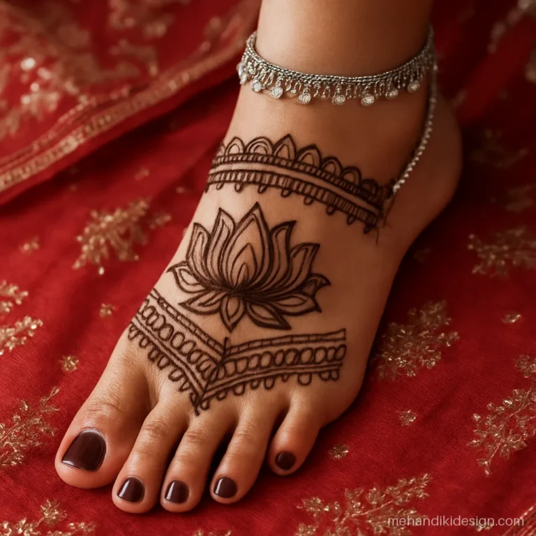 Bridal feet mehandi with a lotus and checks pattern up to the ankle