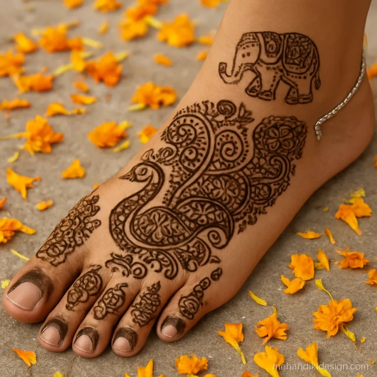 Bridal feet mehandi with a peacock and a small elephant