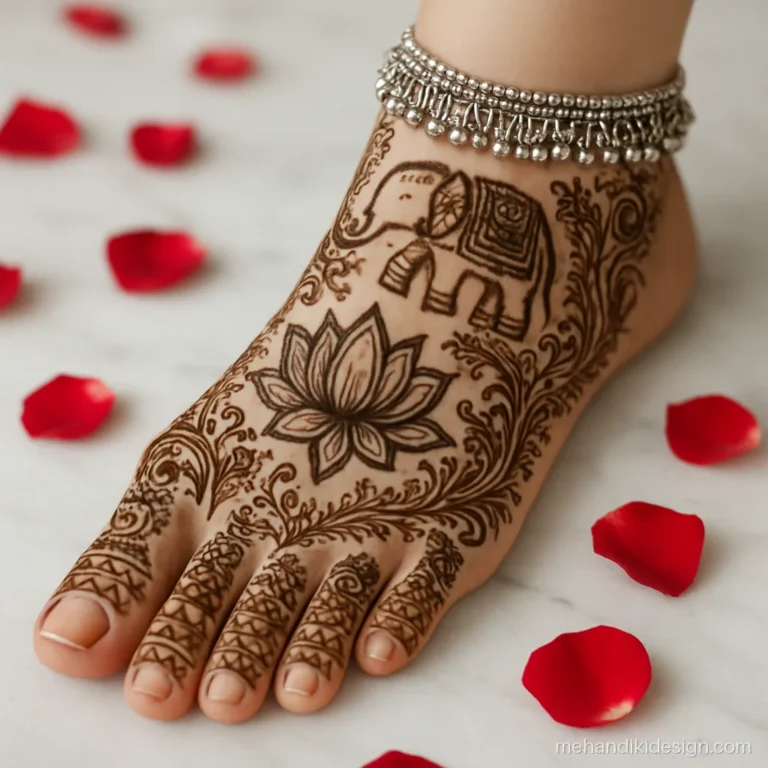 Bridal foot mehandi design with a lotus and a small elephant near the ankle