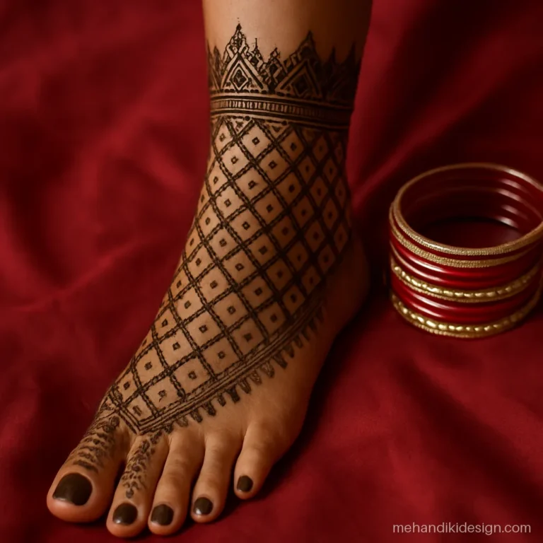Bridal foot mehandi with a lattice net going up to the shin