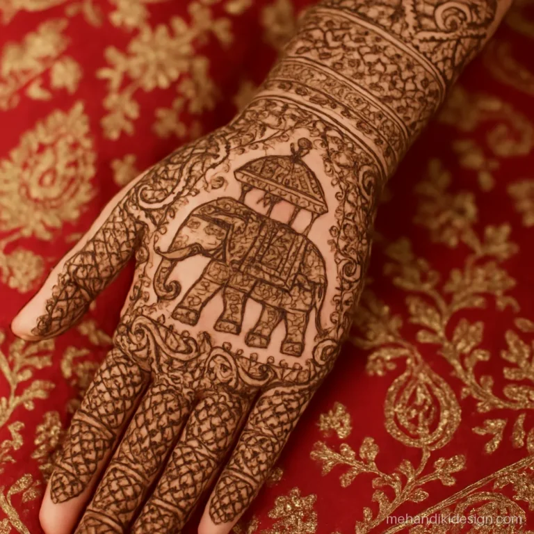 Bridal front full hand mehndi design with a decorated elephant carrying an ambari canopy