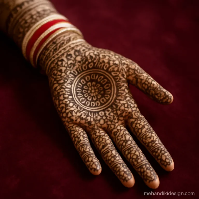 Bridal front full hand mehndi design with a wheel of tiny paisleys and elbow-length bands