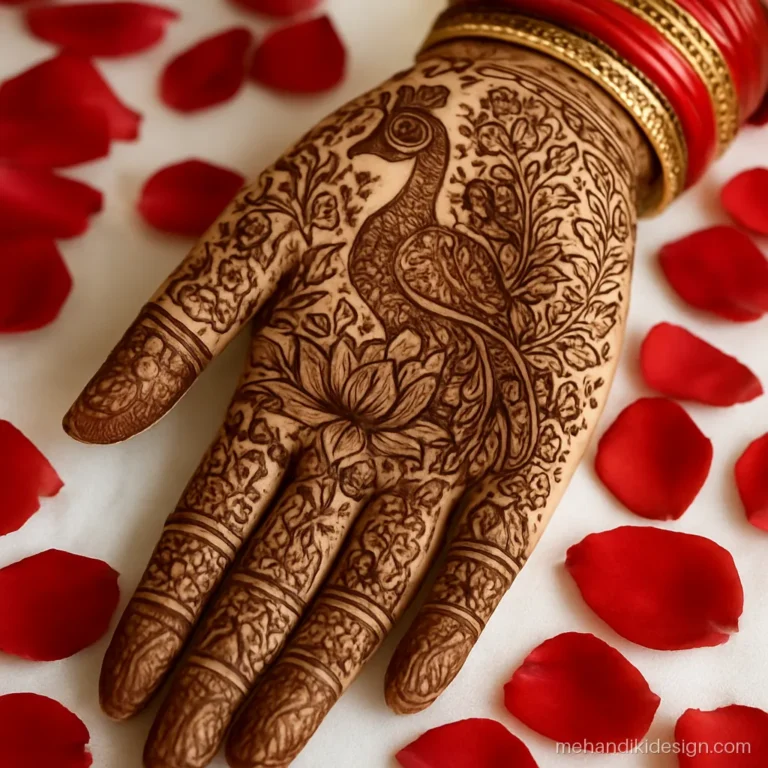 Front full hand mehendi design for brides with a peacock standing on an open lotus