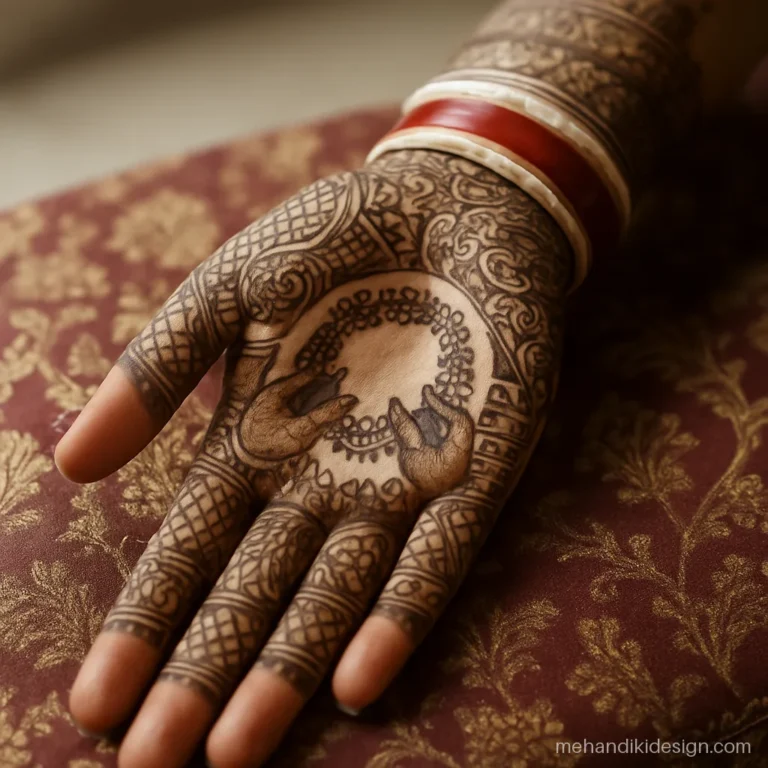 Bridal mehndi design front hand full with two hands holding a varmala garland