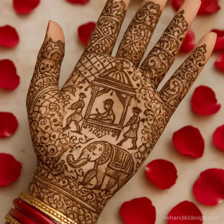 Bridal mehandi design front hand with a doli and baraat scene