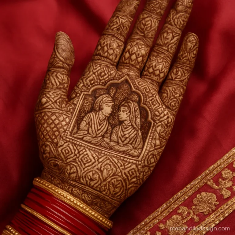 Bridal front hand mehandi with dulha dulhan figures in the palm