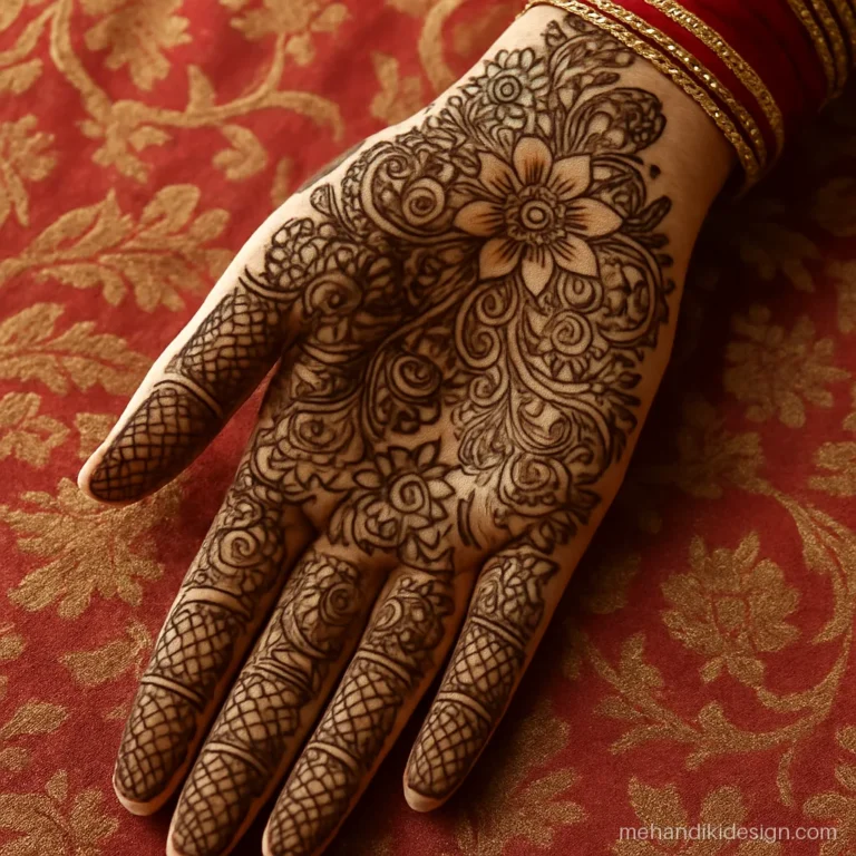 Bridal front hand mehandi design with hidden groom name space in florals