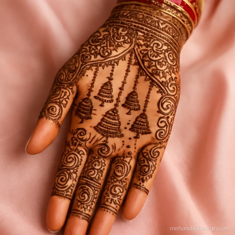 Bridal palm mehandi design with arches and swirls inspired by kalire