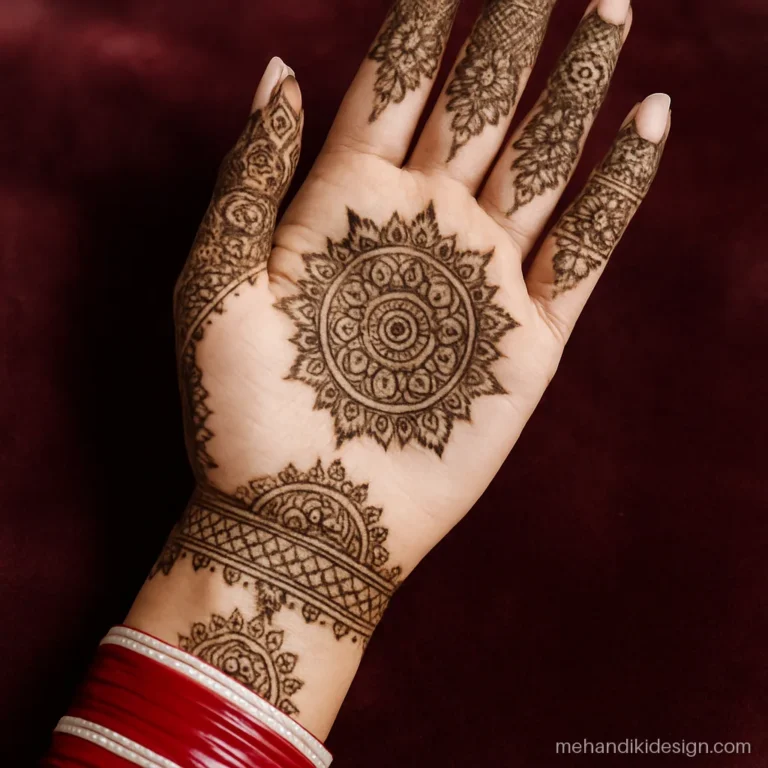 Bridal front hand mehandi with layered mandalas up to the elbow