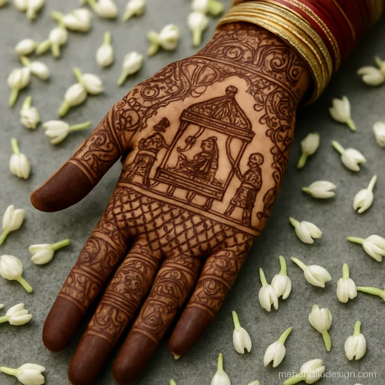 Bridal full hand mehandi with palki scene and dense jaal to elbow