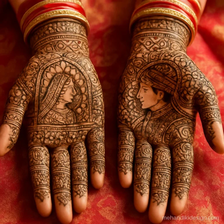 Bridal left and right hand mehandi with a bride on one palm, groom on other