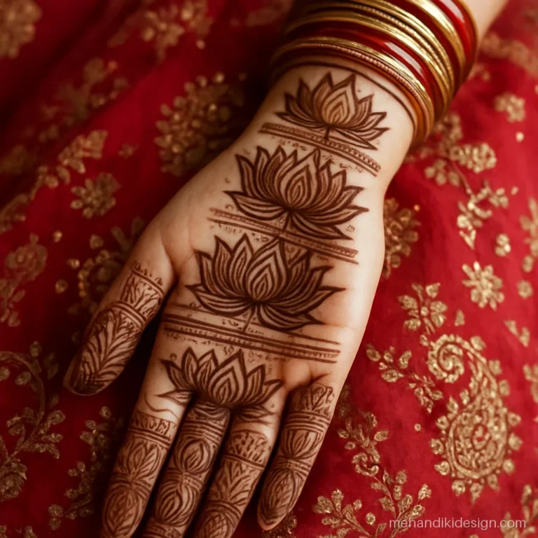 Bridal lotus mehndi design with tiers of open and side view lotuses up to the elbow