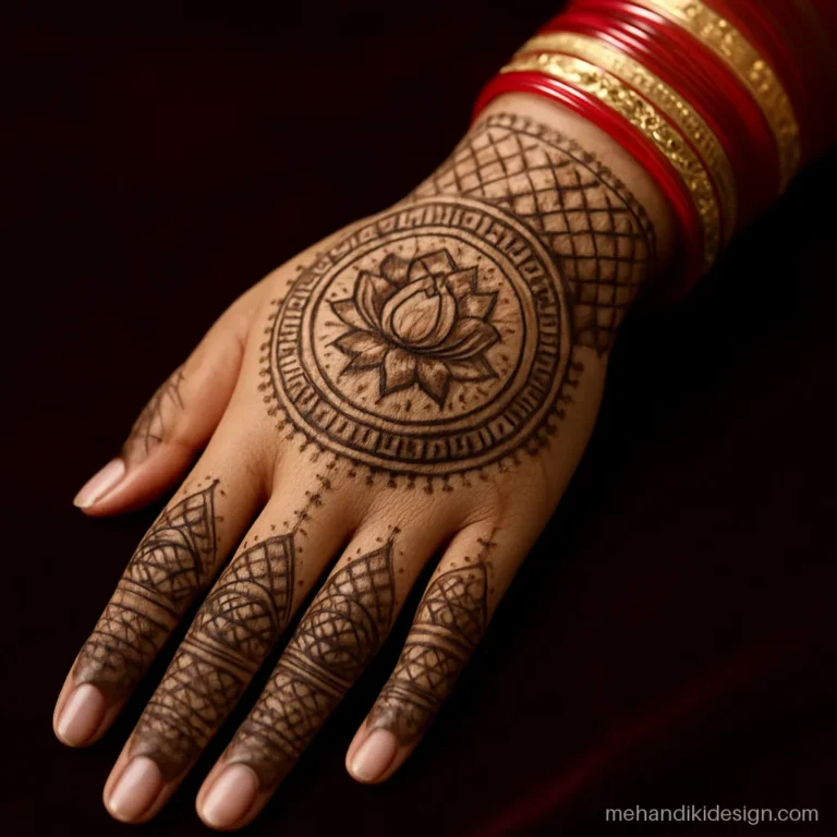 Bridal mandala mehandi with a big shaded lotus centre and fine outer rings