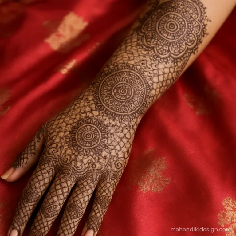 Bridal mandala mehandi design with stacked mandalas up to the elbow
