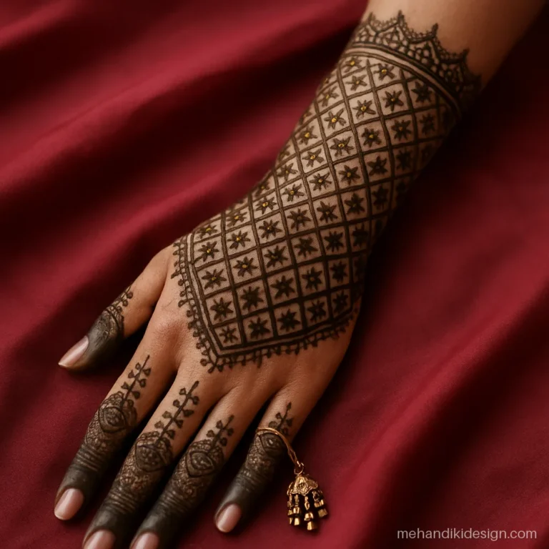 Bridal mehandi with a dense jaal net covering the full arm