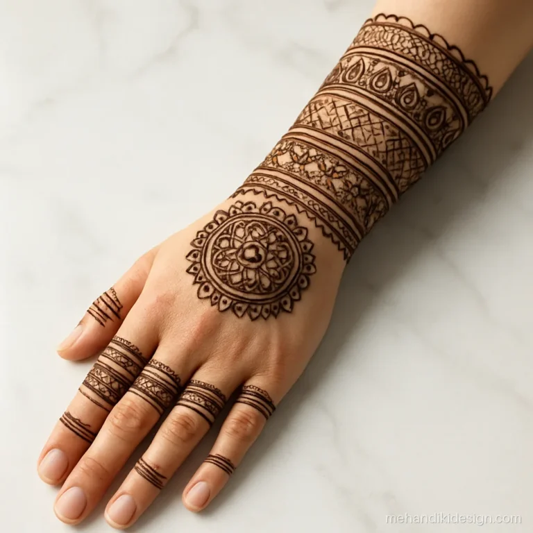 Bridal mehandi design on the back hand with stacked bands to the elbow