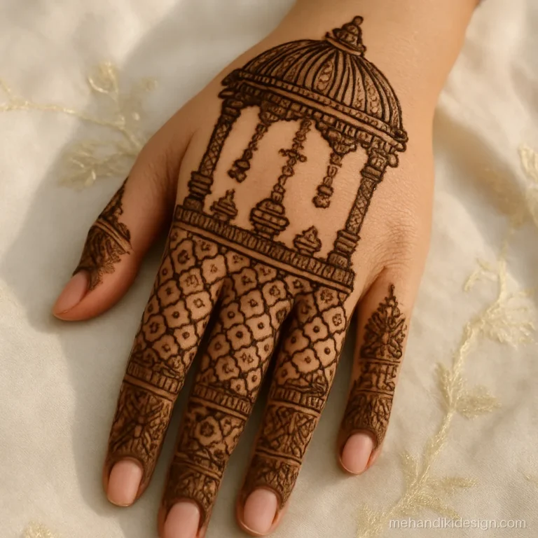 Bridal mehandi design with a mandap and pillars on the palm