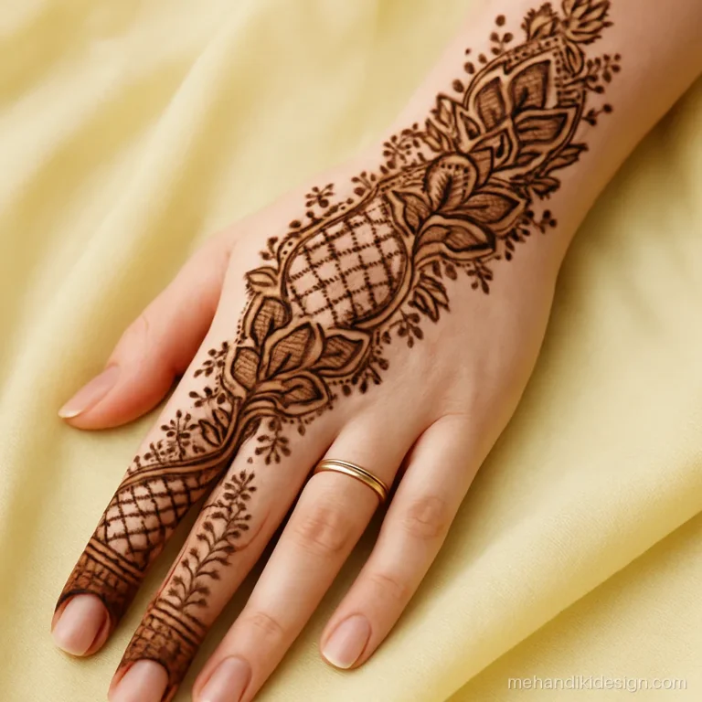 Bridal mehandi with a diagonal Arabic and Indian fusion flow