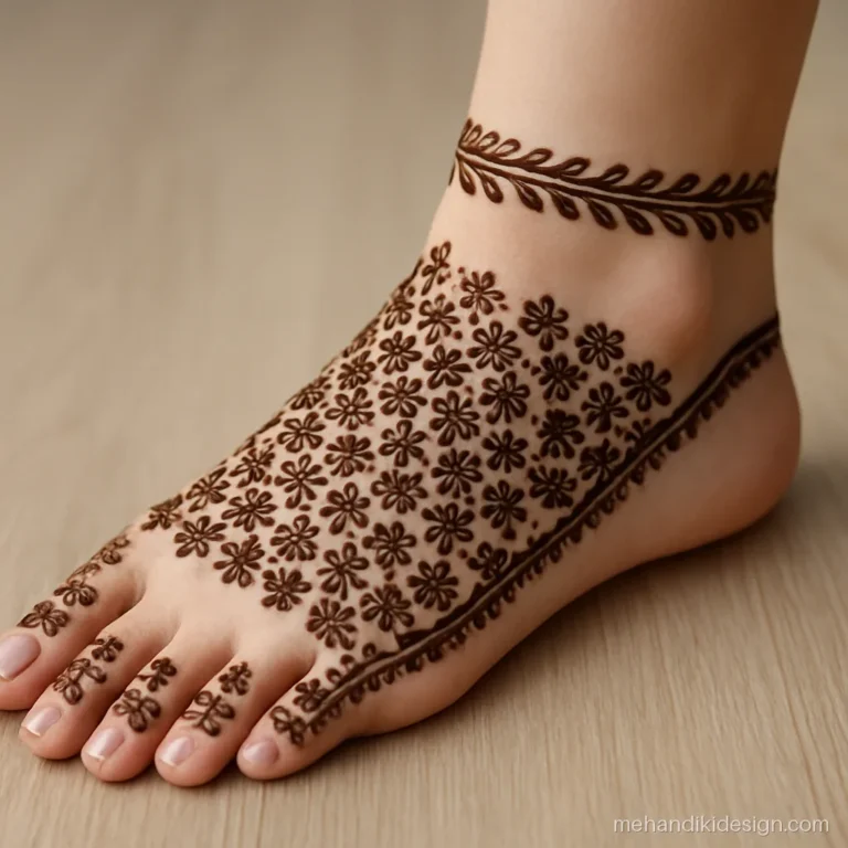 Bridal mehandi on feet covering top and sole edge with flowers