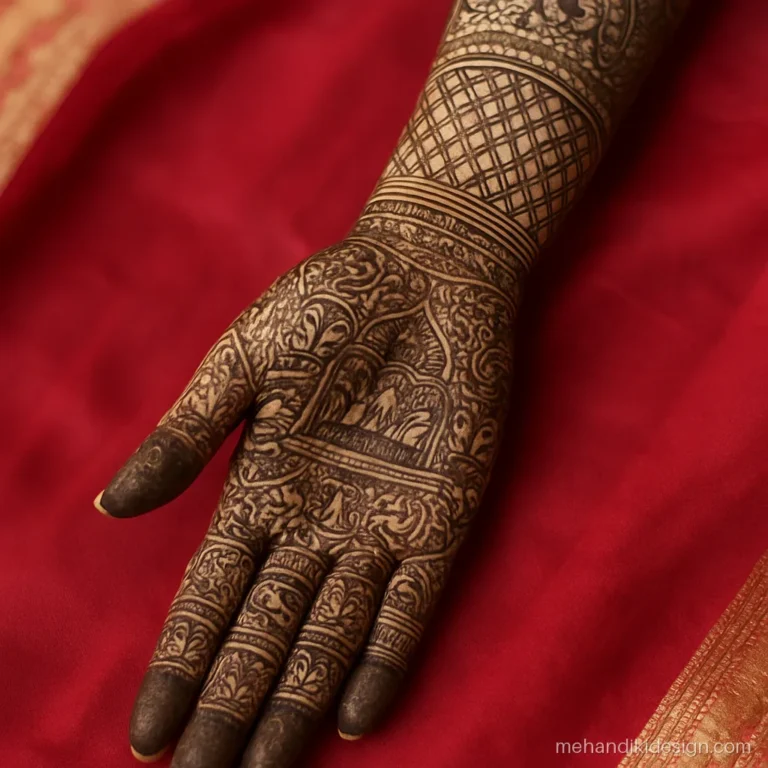 Bridal mehandi photo of elbow length design with doli and chooda bangles