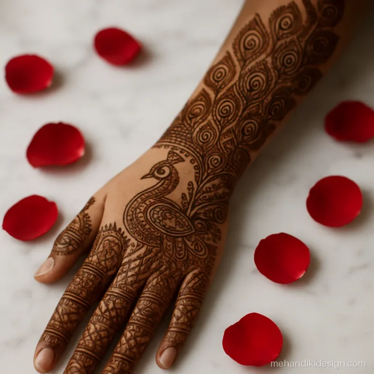 Bridal mor wali mehandi with a long peacock tail reaching up the forearm