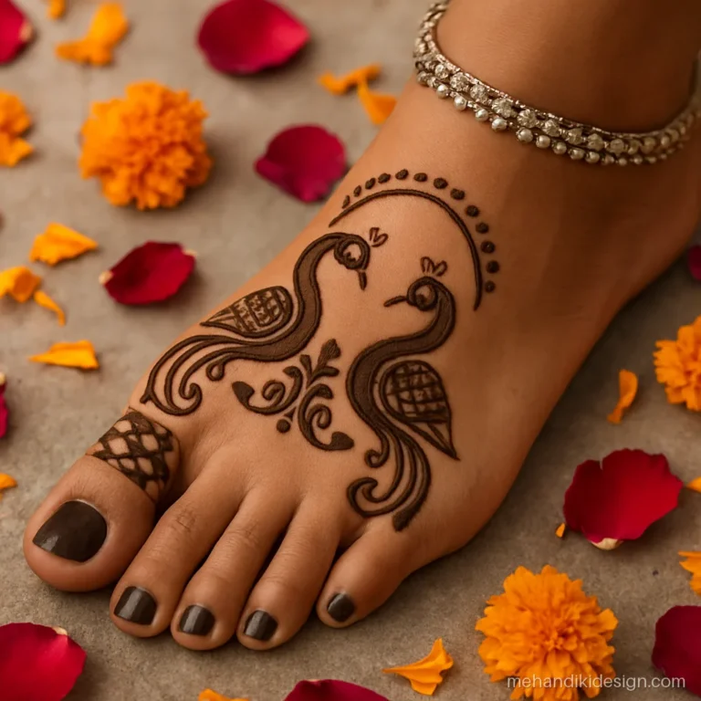 Bridal pair ki mehandi design with a pair of peacocks facing each other