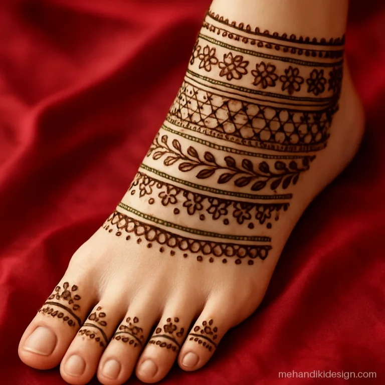 Bridal pairon ke mehandi ke design with layered horizontal bands