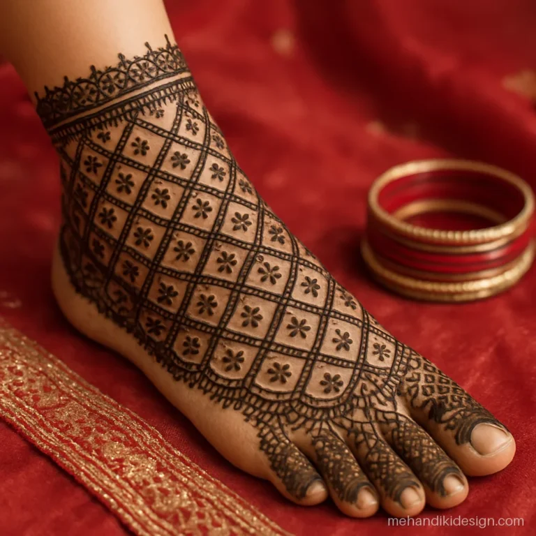 Bridal pairon ki mehandi with a full jaal net from toes to ankle