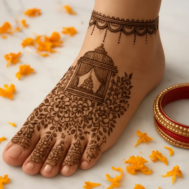 Bridal paon ki mehandi with a small doli motif and floral fill