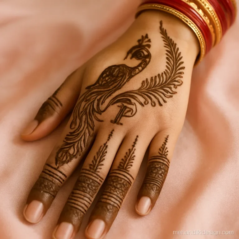 Bridal mehandi design with name letter P drawn into a peacock feather on the back hand