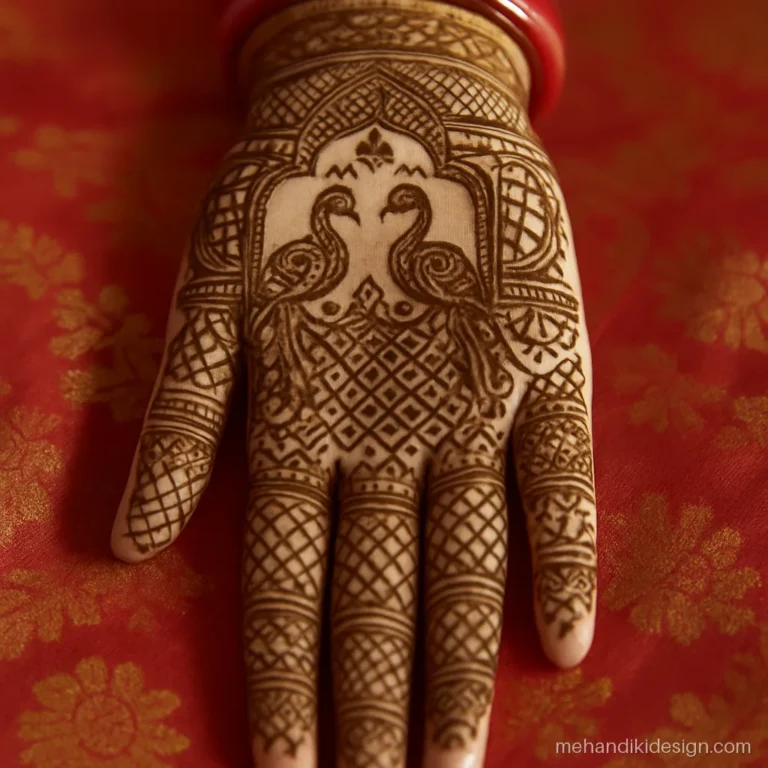 Bridal peacock mehandi design with two mor facing each other under a jharokha arch