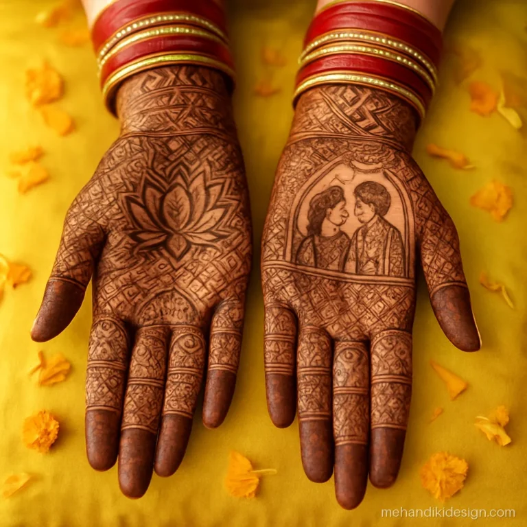 Bride's hands with full mehandi design for marriage function resting on a yellow cushion