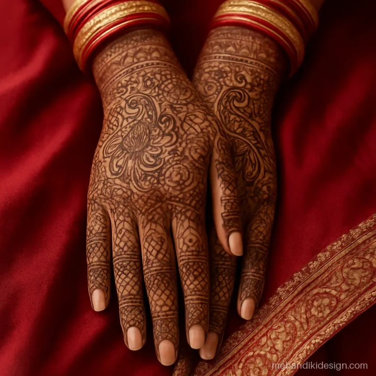 Bride's hennaed hands with red chooda, ideal for a mehandi function caption