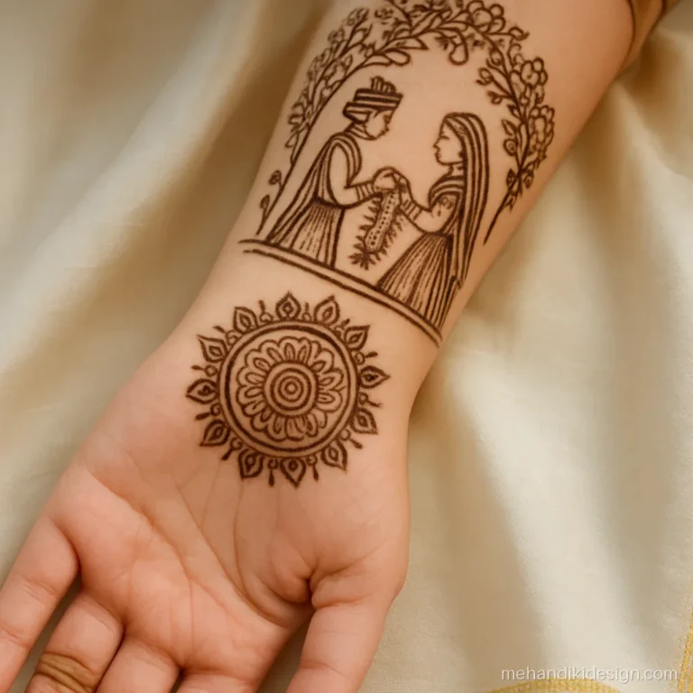 Bride mehandi design with a varmala scene on the forearm